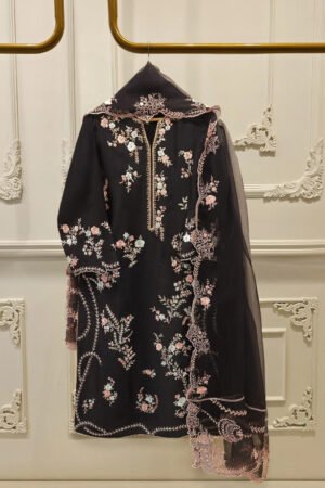 ✨ FOUR PIECE PURE ORGANZA EMBELLISHED SUIT – WITH DUPATTA & RAW SILK PANTS ✨